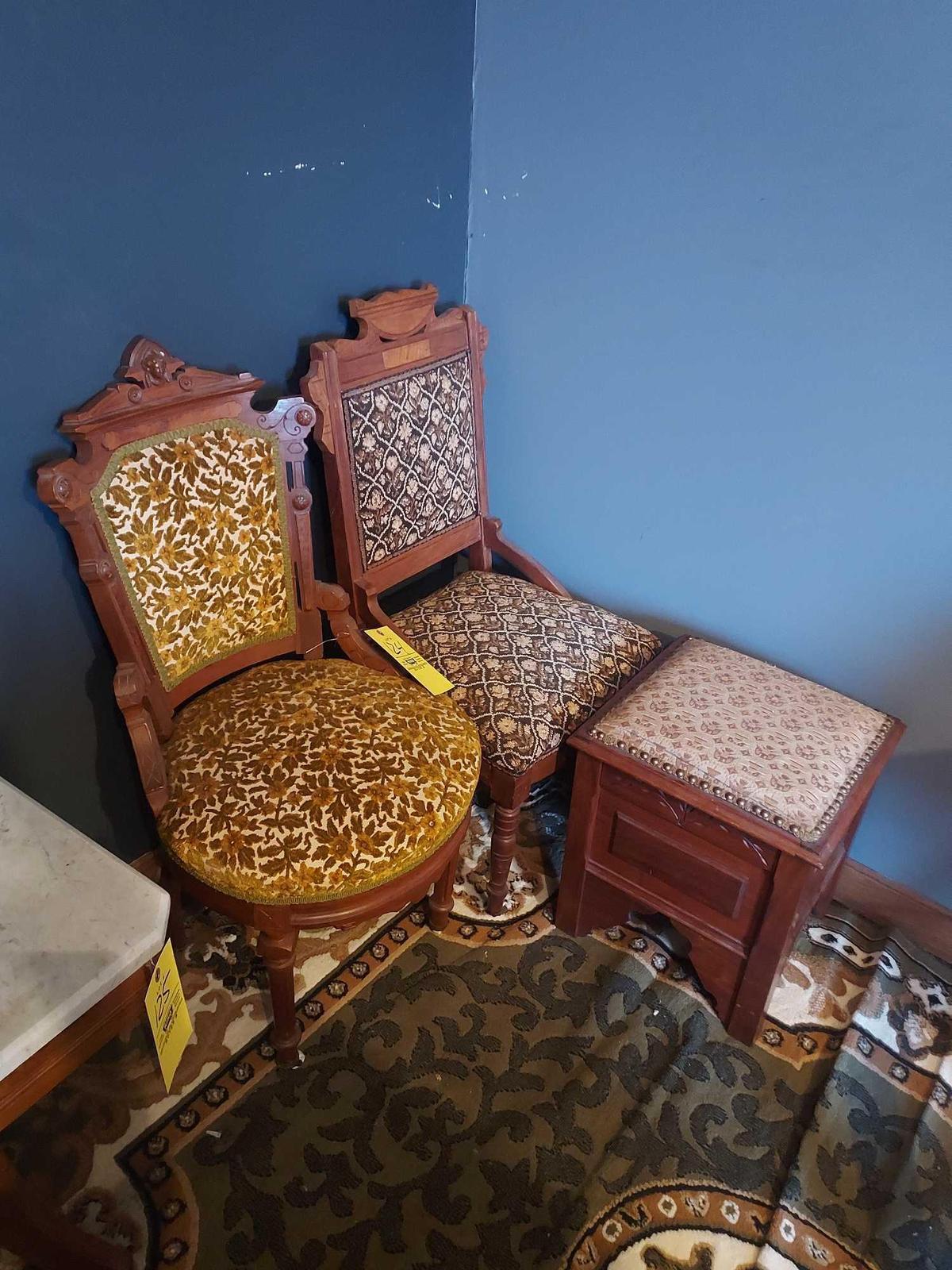 2 Ornate Cushioned Chairs w/ Open-Top Foot Rest