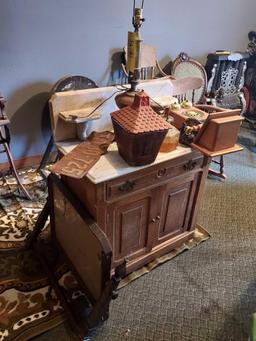 Marble Top Cabinet w/ Contents - Lamp, Country Store Telephone, & Small Decor