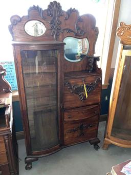 Oak Drop Front Secretary with Curbed Glass Curio