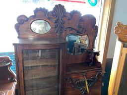 Oak Drop Front Secretary with Curbed Glass Curio