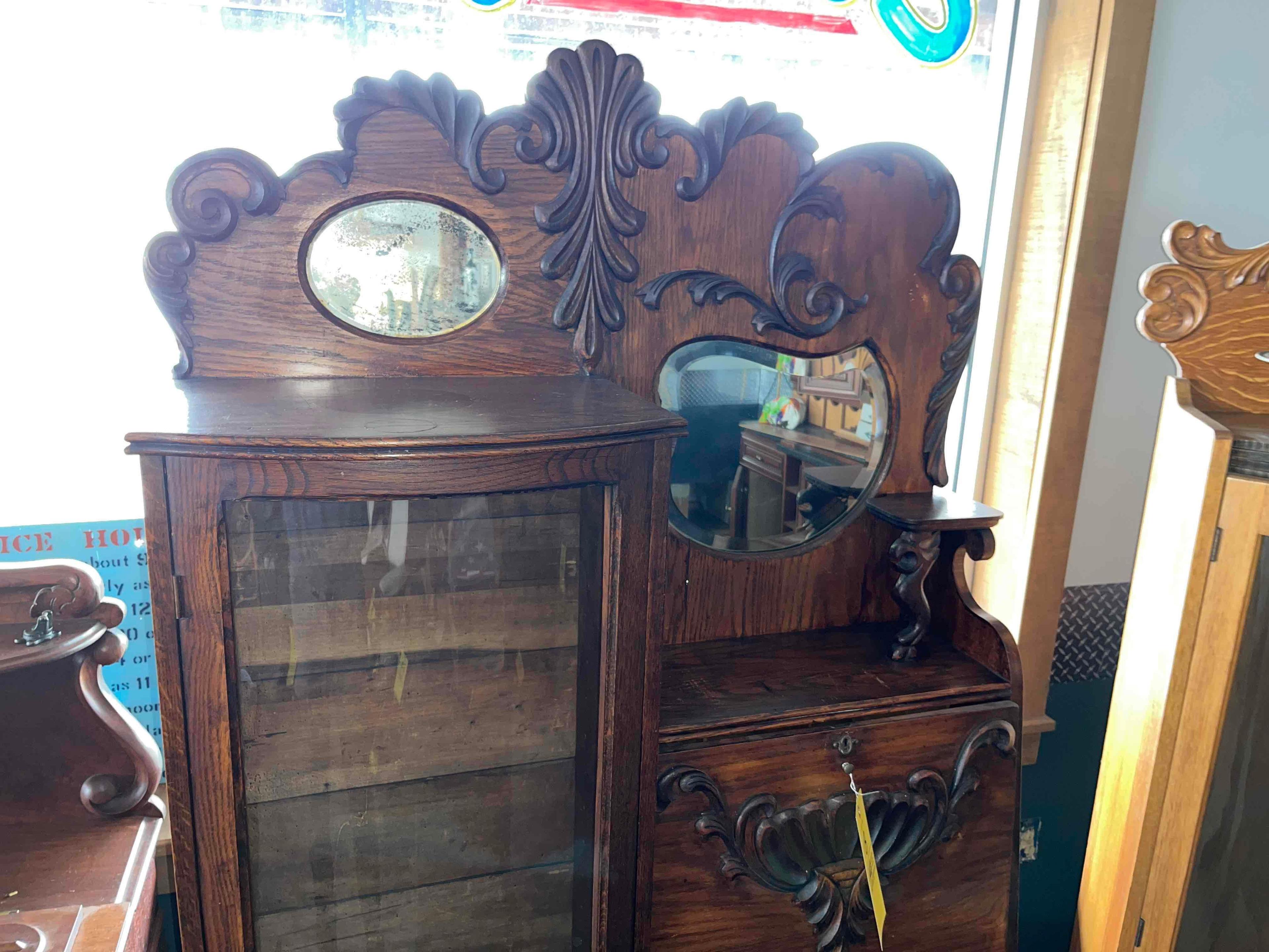 Oak Drop Front Secretary with Curbed Glass Curio