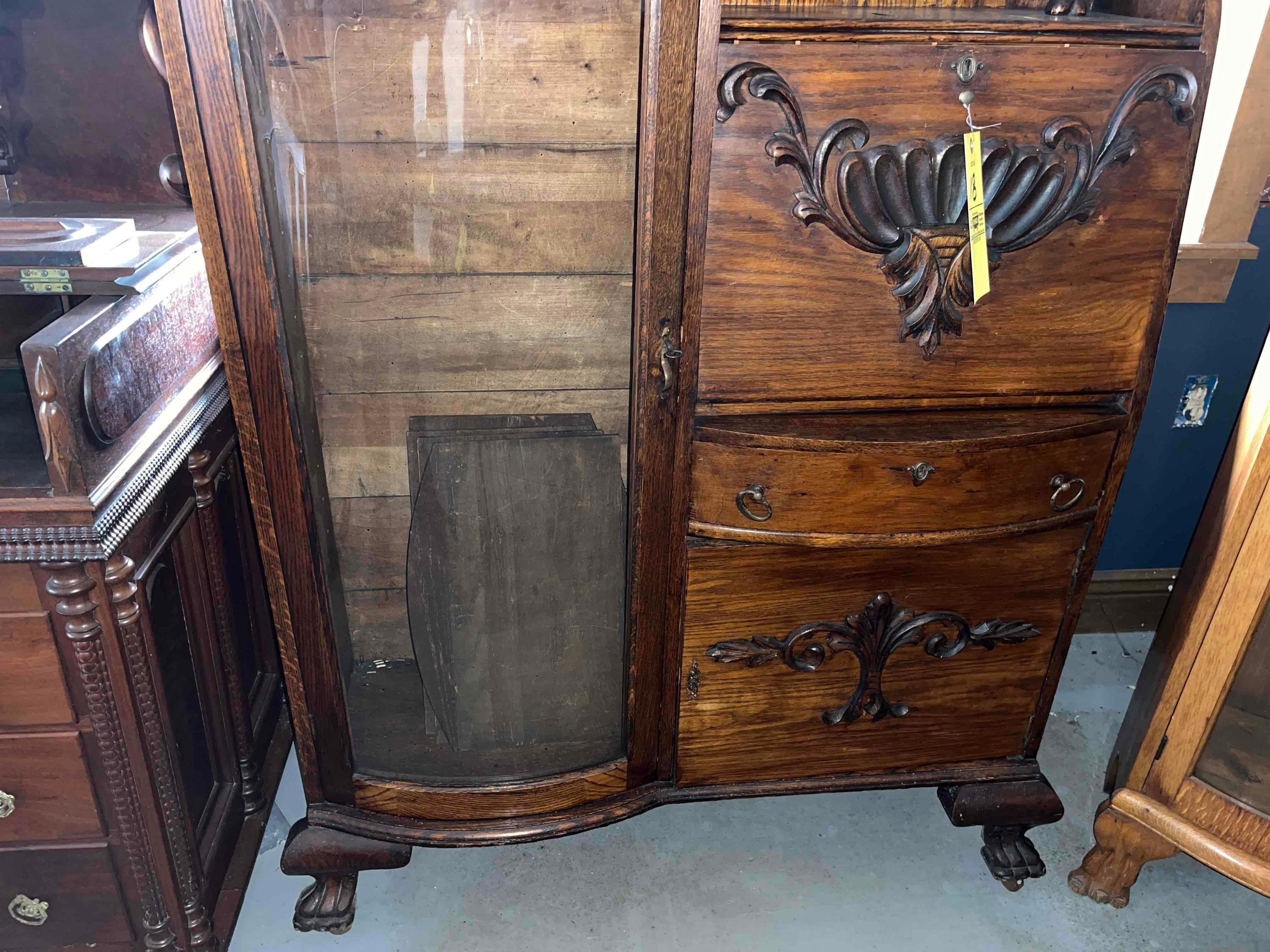 Oak Drop Front Secretary with Curbed Glass Curio