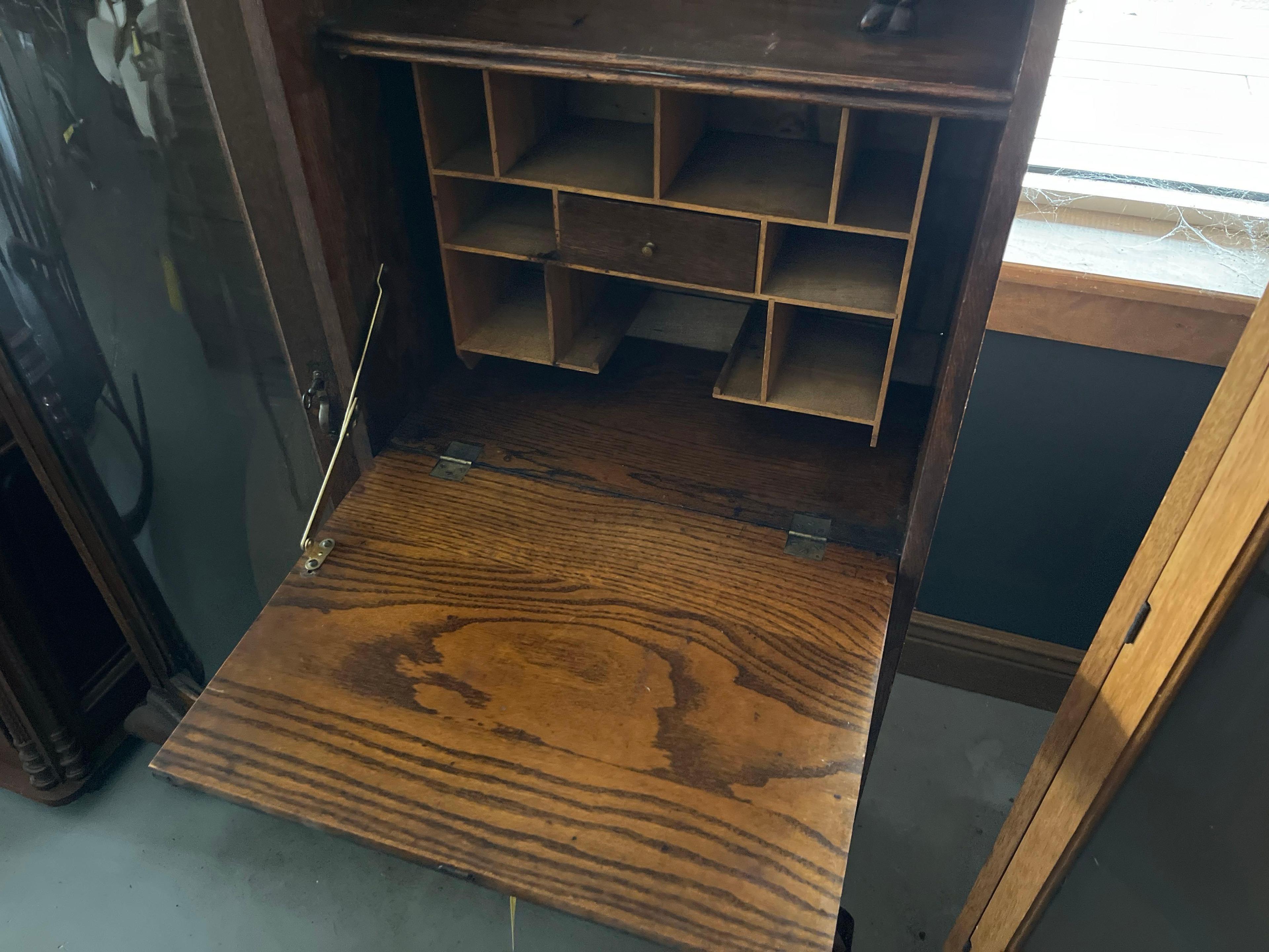 Oak Drop Front Secretary with Curbed Glass Curio