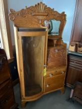 Oak Drop Front Secretary with Curbed Glass Curio