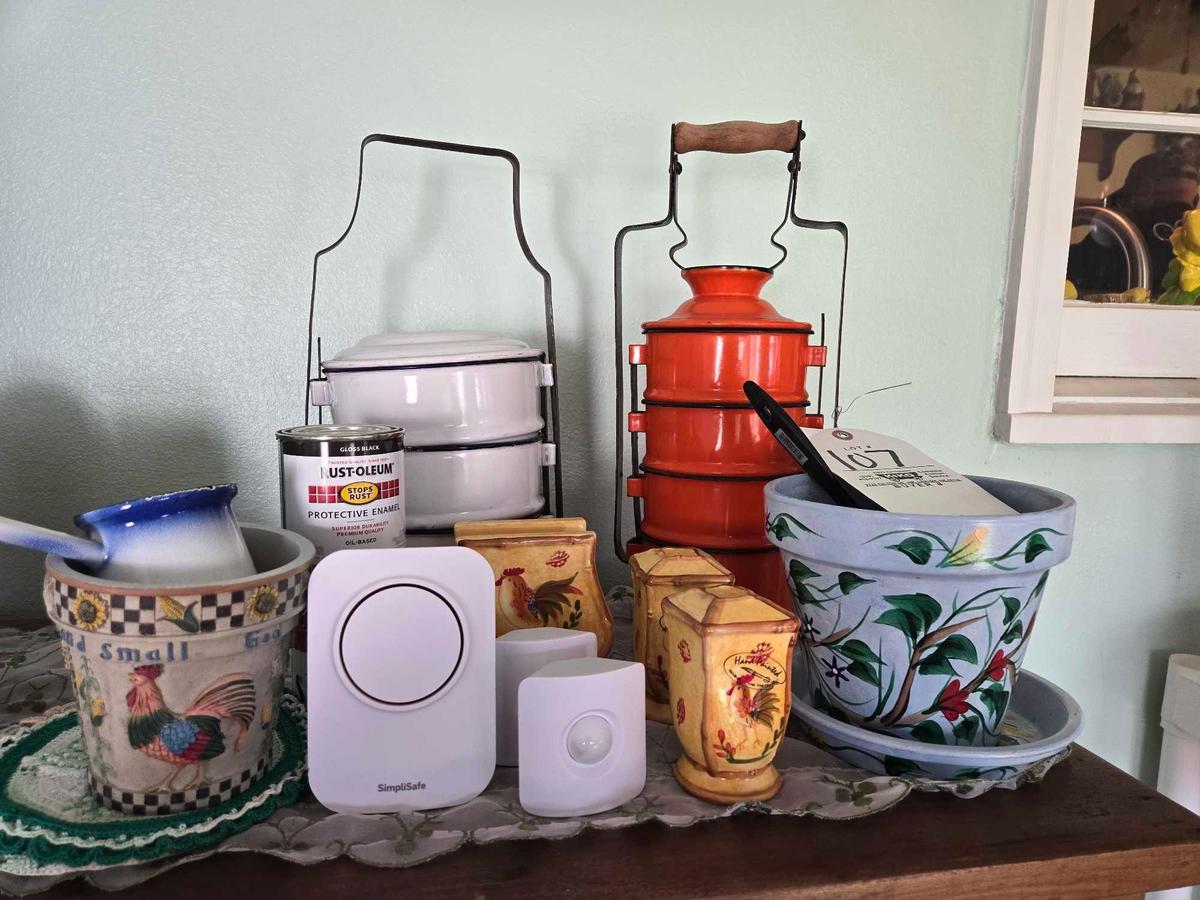 Vintage Enamelware Lunch Boxes, Salt Pepper, Flower Pots,