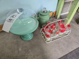 Cake Stand, Tumbler Set & Enameled Pitcher