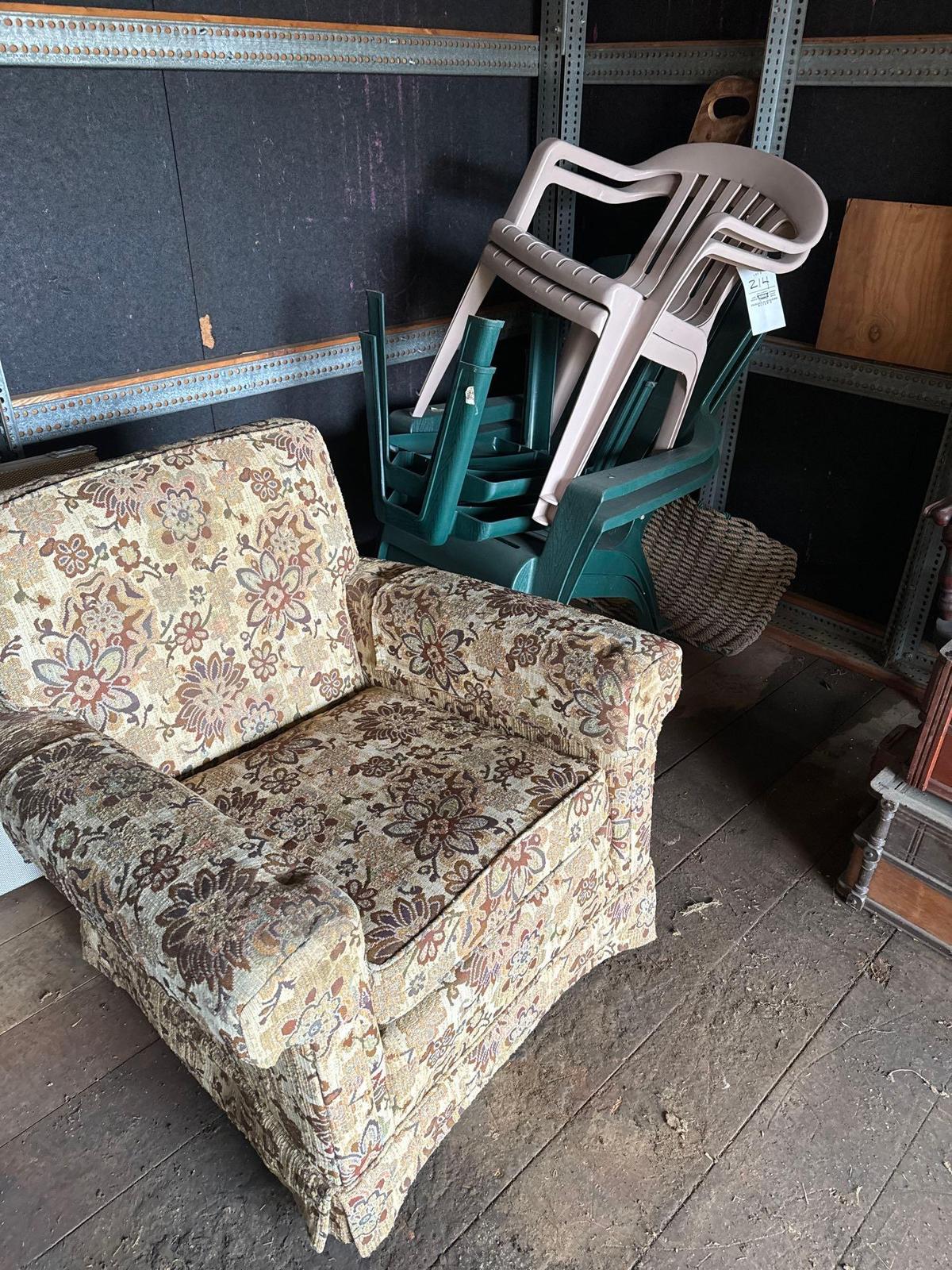 outdoor patio chairs and upholstered arm chair.