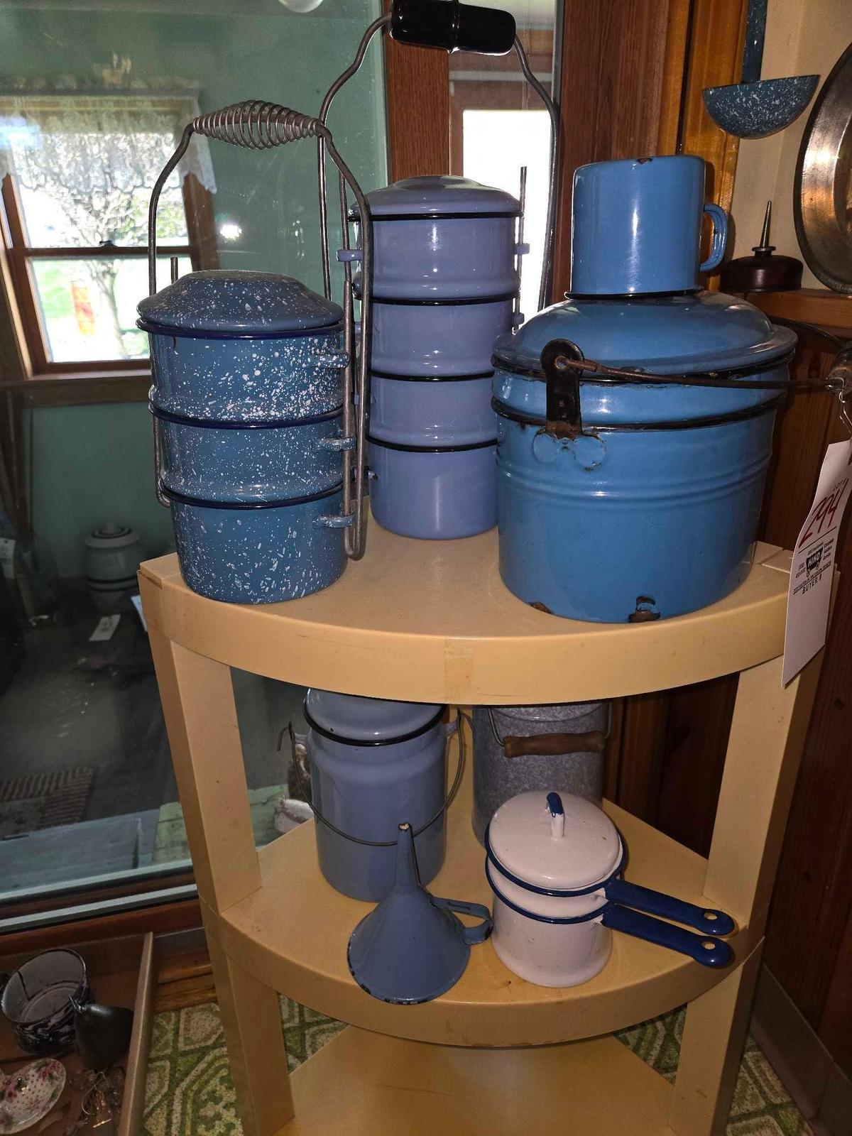 Vintage Enameled Lunch Boxes, Double Boiler & Enameled Milk Jug