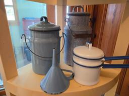 Vintage Enameled Lunch Boxes, Double Boiler & Enameled Milk Jug