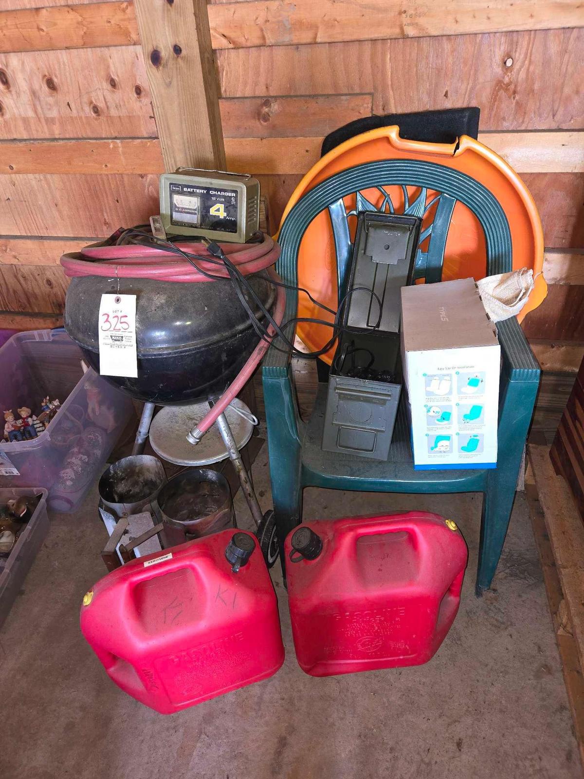 Gas Cans, Grill, Battery Charger, Plastic Patio Chairs
