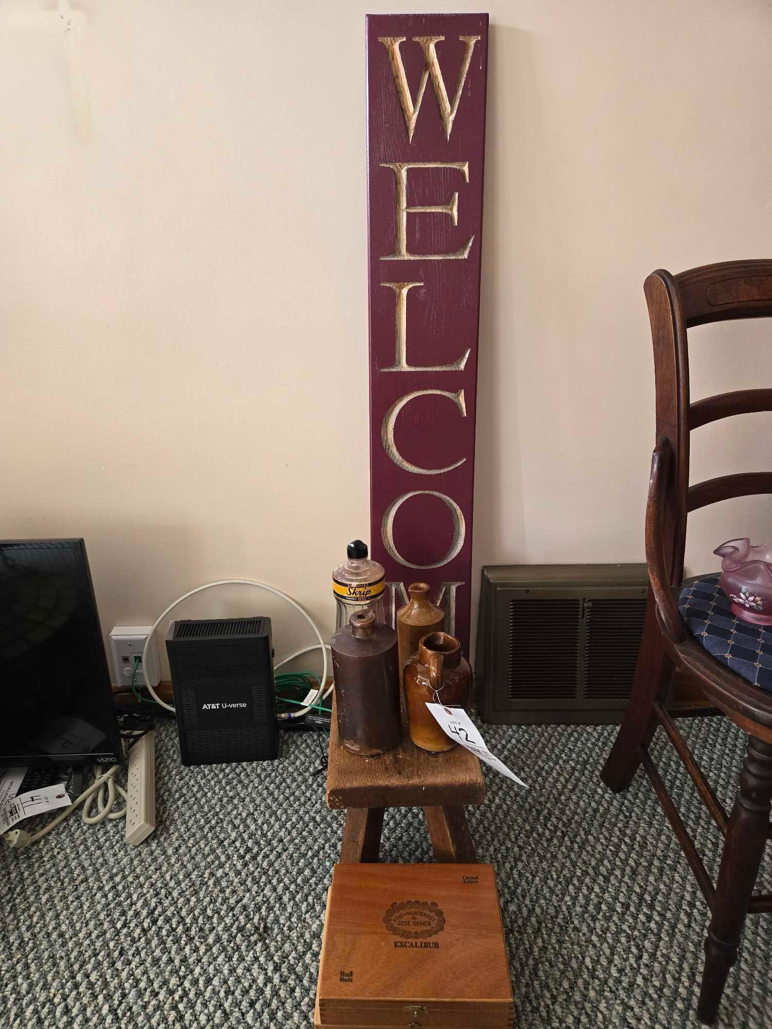 Wooden Stool, Doulten Lambeth Crock Pitcher, Cigar Boxes, Welcome Sign, and Antique Ink Bottles