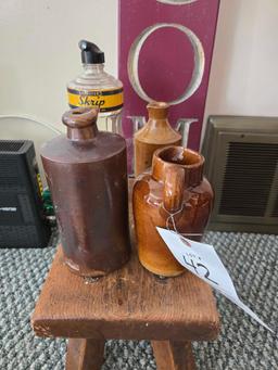 Wooden Stool, Doulten Lambeth Crock Pitcher, Cigar Boxes, Welcome Sign, and Antique Ink Bottles