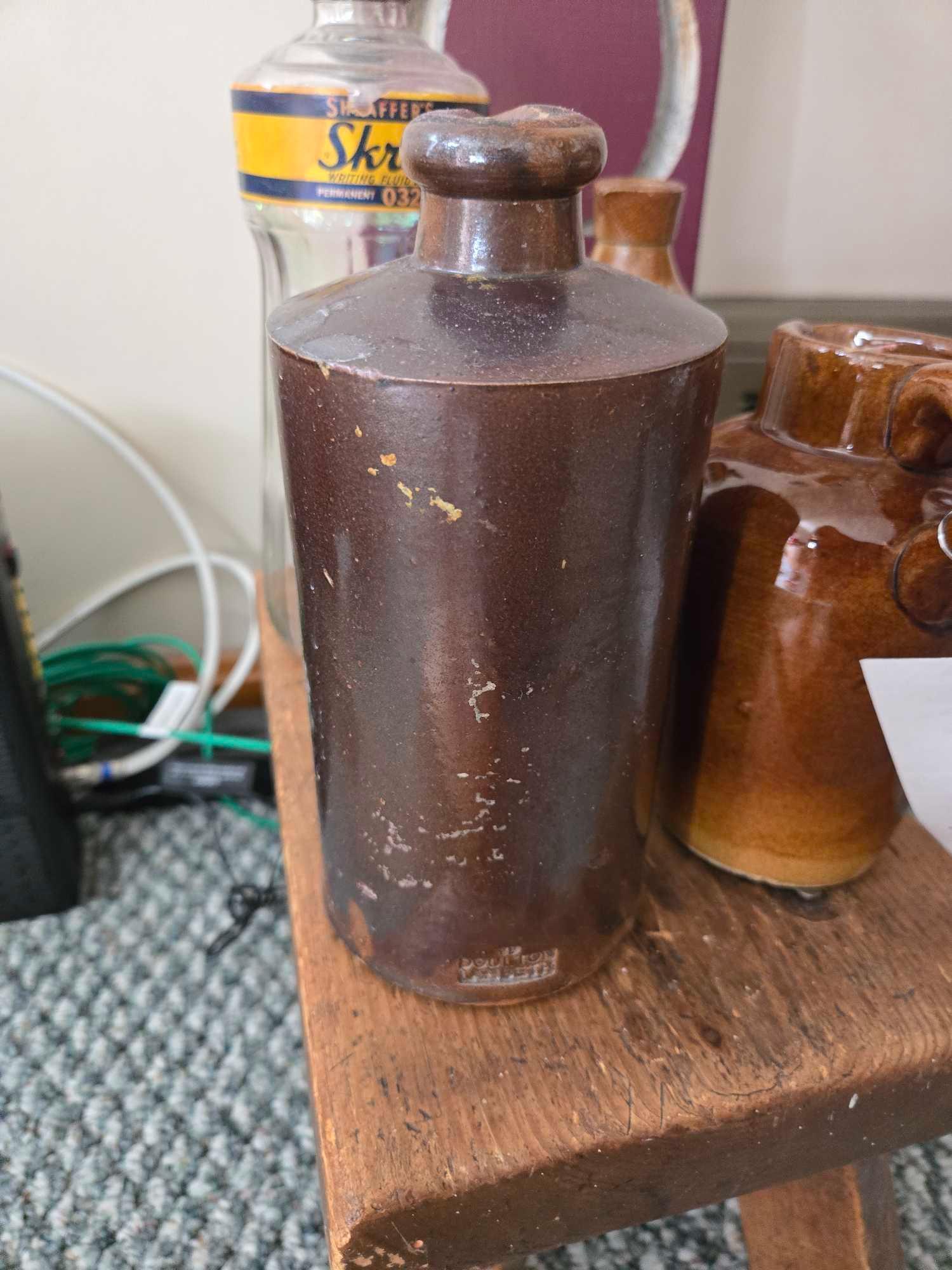 Wooden Stool, Doulten Lambeth Crock Pitcher, Cigar Boxes, Welcome Sign, and Antique Ink Bottles