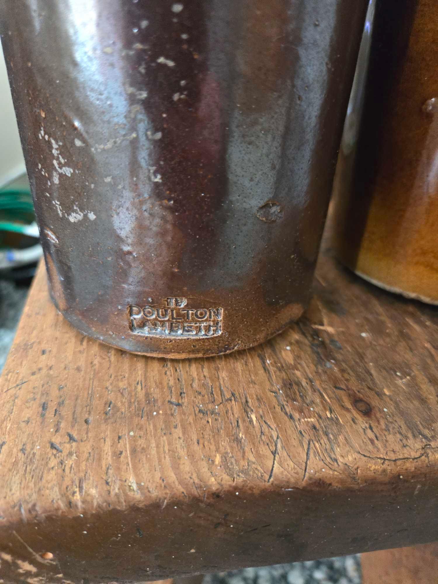 Wooden Stool, Doulten Lambeth Crock Pitcher, Cigar Boxes, Welcome Sign, and Antique Ink Bottles