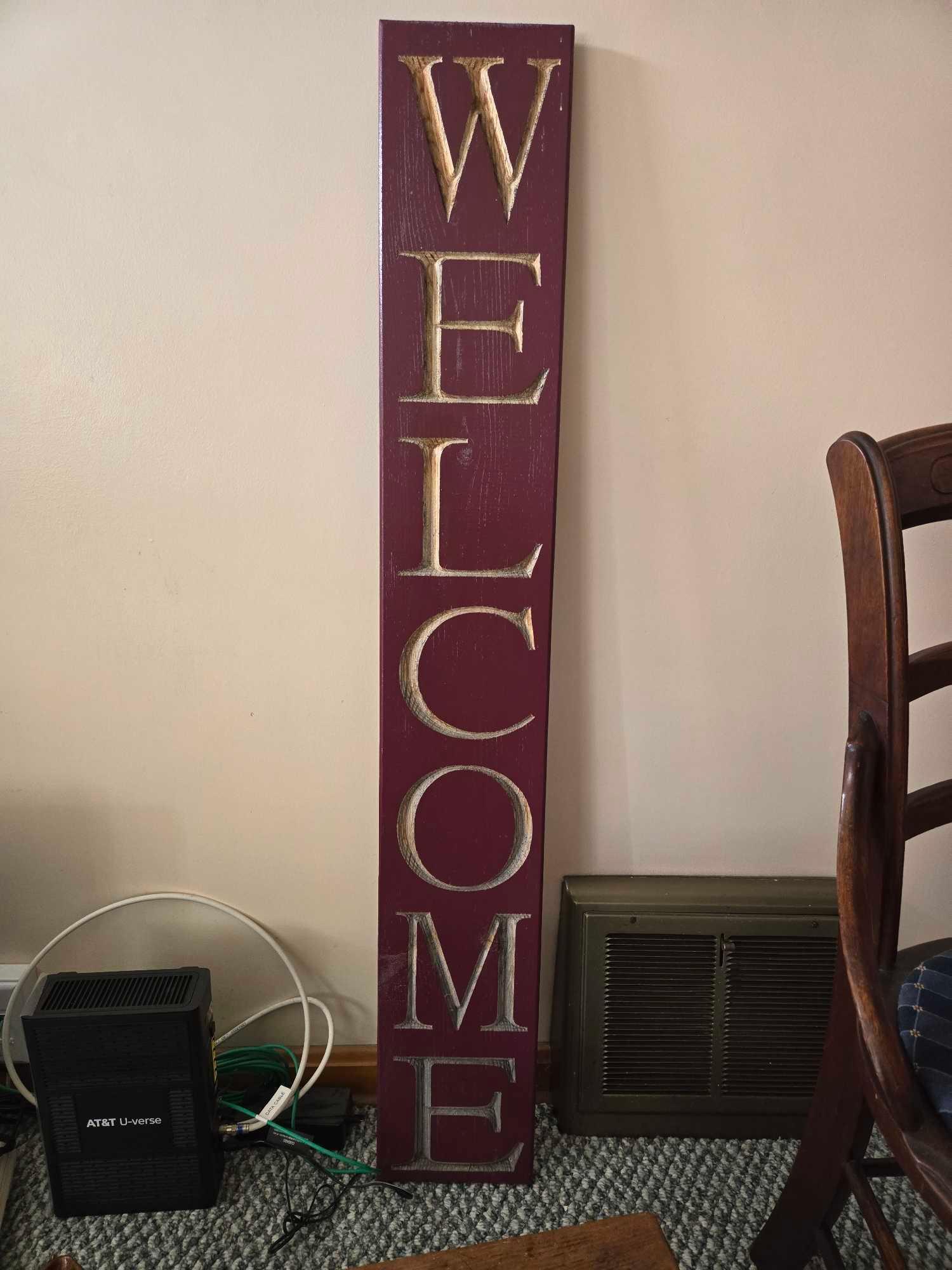 Wooden Stool, Doulten Lambeth Crock Pitcher, Cigar Boxes, Welcome Sign, and Antique Ink Bottles