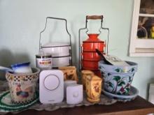 Vintage Enamelware Lunch Boxes, Salt Pepper, Flower Pots,