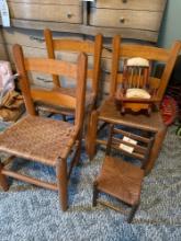 3 Wicker Bottom Childs Chairs & 2 Doll Chairs