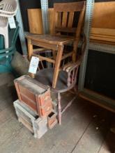 two wooden chairs and sewing machine drawers