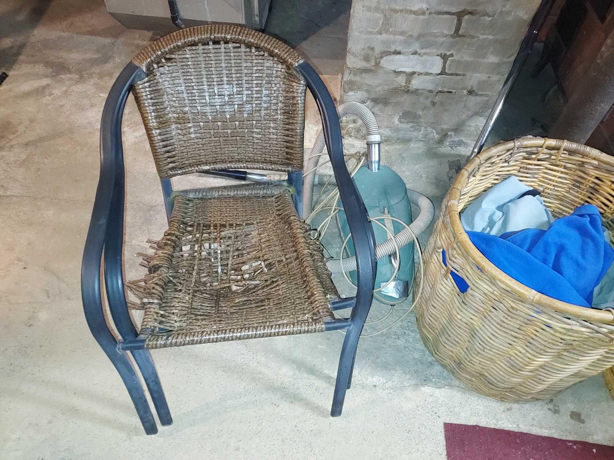 President Vintage Cast Iron Stove, Wicker Baskets, Chairs, & Stove Contents