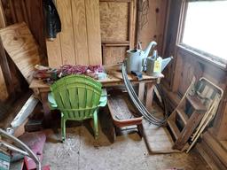 Remaining Contents of Shed - Outdoor Folding Chairs, Hardware, Paint Supplies, Wagon, Oils, Tools, &