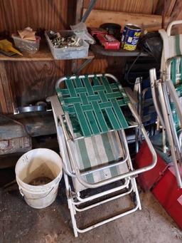 Remaining Contents of Shed - Outdoor Folding Chairs, Hardware, Paint Supplies, Wagon, Oils, Tools, &