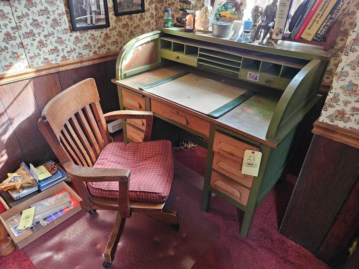 Wooden Roll-Top Desk, Chair & Contents