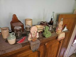 Shelf & Cabinet Top Contents - Vintage Glassware & Wooden Decor