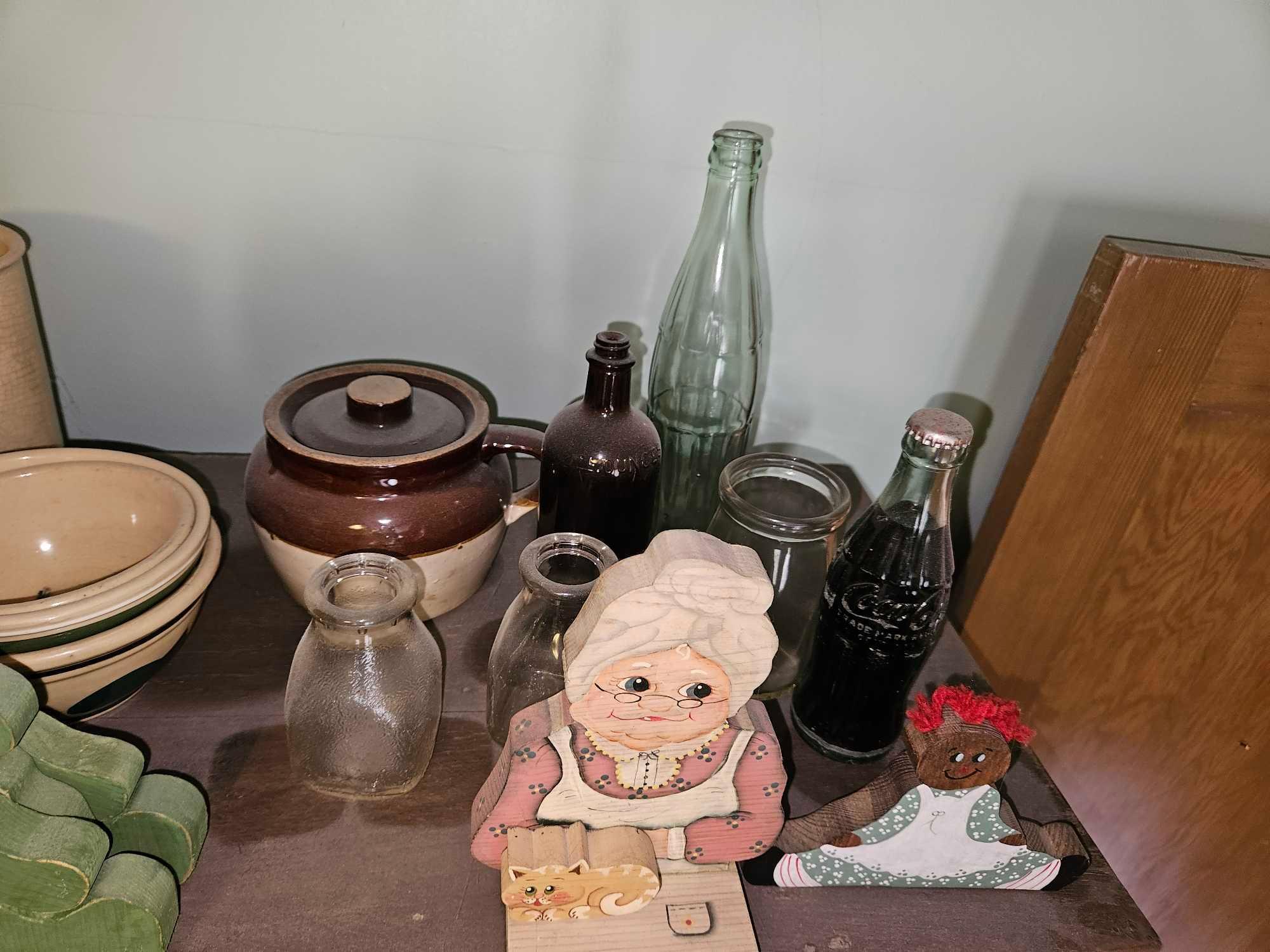 Shelf & Cabinet Top Contents - Vintage Glassware & Wooden Decor