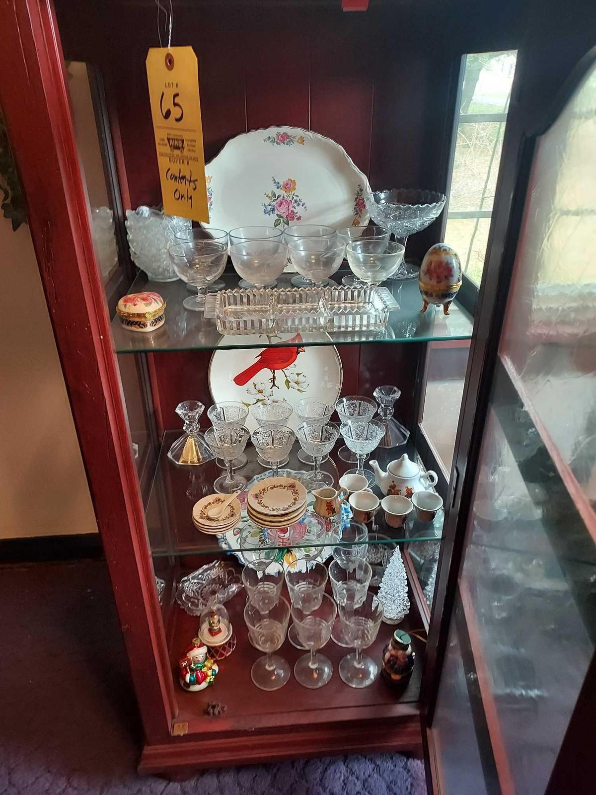 Contents of Display Case - Glassware, Stemware, China Pieces, & Holiday Decor