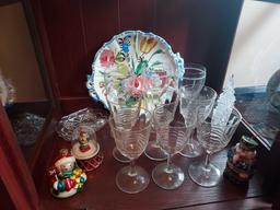 Contents of Display Case - Glassware, Stemware, China Pieces, & Holiday Decor