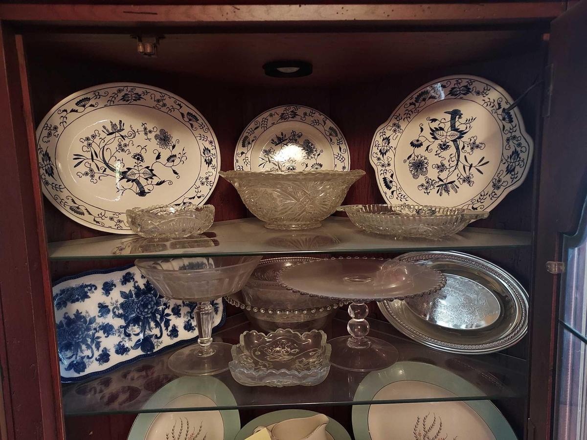 Top 2 Shelves & Bottom Shelf of Display Cabinet - Tea Set & Decorative Glassware