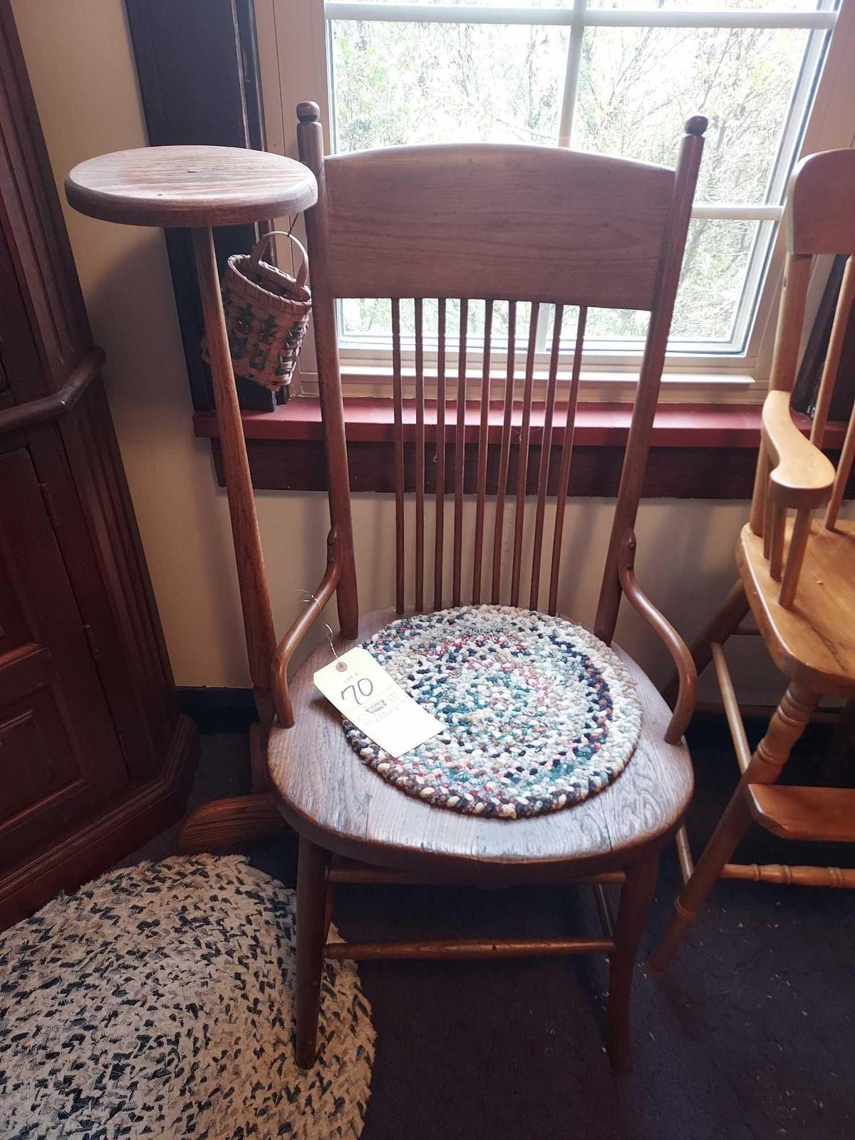 Vintage Chair, Wooden Pot Stand, & Small Rug