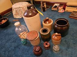 Assortment of Crocks, Insulators, & Glass Jug - Most Have Small Chips And/Or Cracks