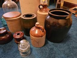 Assortment of Crocks, Insulators, & Glass Jug - Most Have Small Chips And/Or Cracks