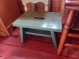 Small Painted Wooden Stand, Wooden Chair, Small Stool, & Hanging Items