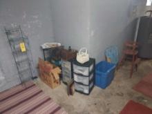 Basement Corner Contents - Baseball Gloves, Plastic Organizers, Metal Shelves, Little Red Spinning