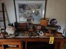 Contents Above Entertainment Center, Longaberger Basket Assortment, & Hanging Decor