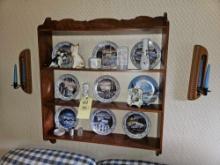 Wooden Display Shelf, Pinegrove Cardinal Plate Set, Figurines, Candle Sconces, & Wall Art