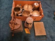 Dazey Butter Churn. Dietz Lantern,, Bedwarmer, & Assortment of Pewter Pieces