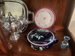 Bottom Shelf of China Cabinet - Silver Plated Tea Set, Glassware, Plates, & more