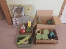 Box of Assorted Small Garden Decor, Wall Art, & Storage Box