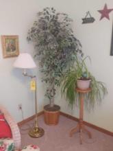 Floor Lamp, Artificial Plants, & Wooden Plant Stand