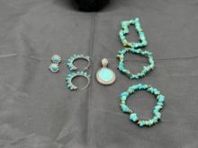Sterling Marked Earrings and Pendent, Turquoise Bracelets