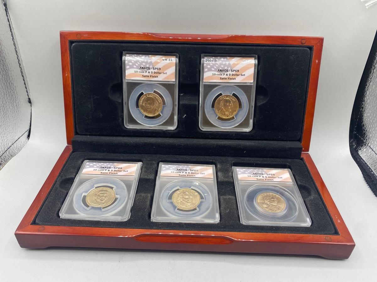 5 Graded Presidential Dollars SP69 in Wood Display Case