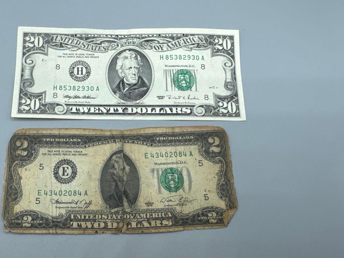 1995 $20 Federal Reserve Note & 1976 $2 Note