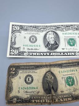 1995 $20 Federal Reserve Note & 1976 $2 Note