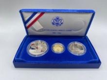 1986 Liberty Gold & Silver 3 Coin Proof Set, $5 Gold, $1 Silver, Half Dollar