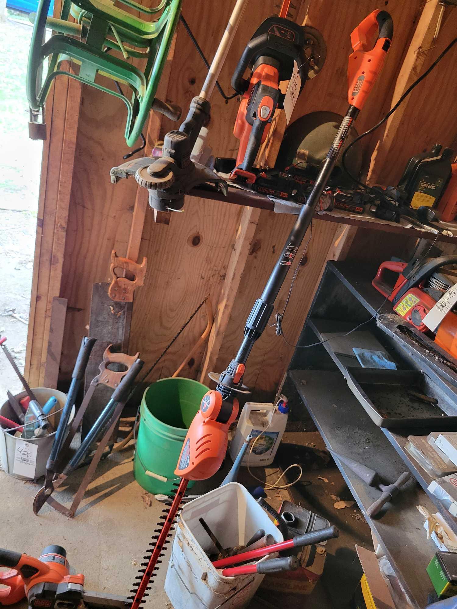 B&D trimmer, pole trimmer, "alligator", string trimmer, batteries, and chargers