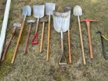 shovels, sledge hammers, pick, crow bar, ax