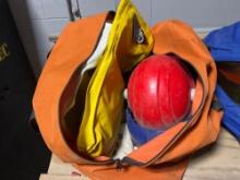 Lot Of Assorted Safety Helmets And Safety Clothes-Wooden Bench